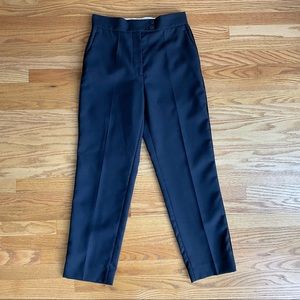 Sandro navy straight leg dress pants with side seam tuxedo pant detail.